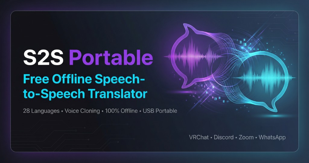 S2S Portable — free offline speech-to-speech translator: 28 languages, voice cloning, VRChat, Discord, Zoom, WhatsApp.